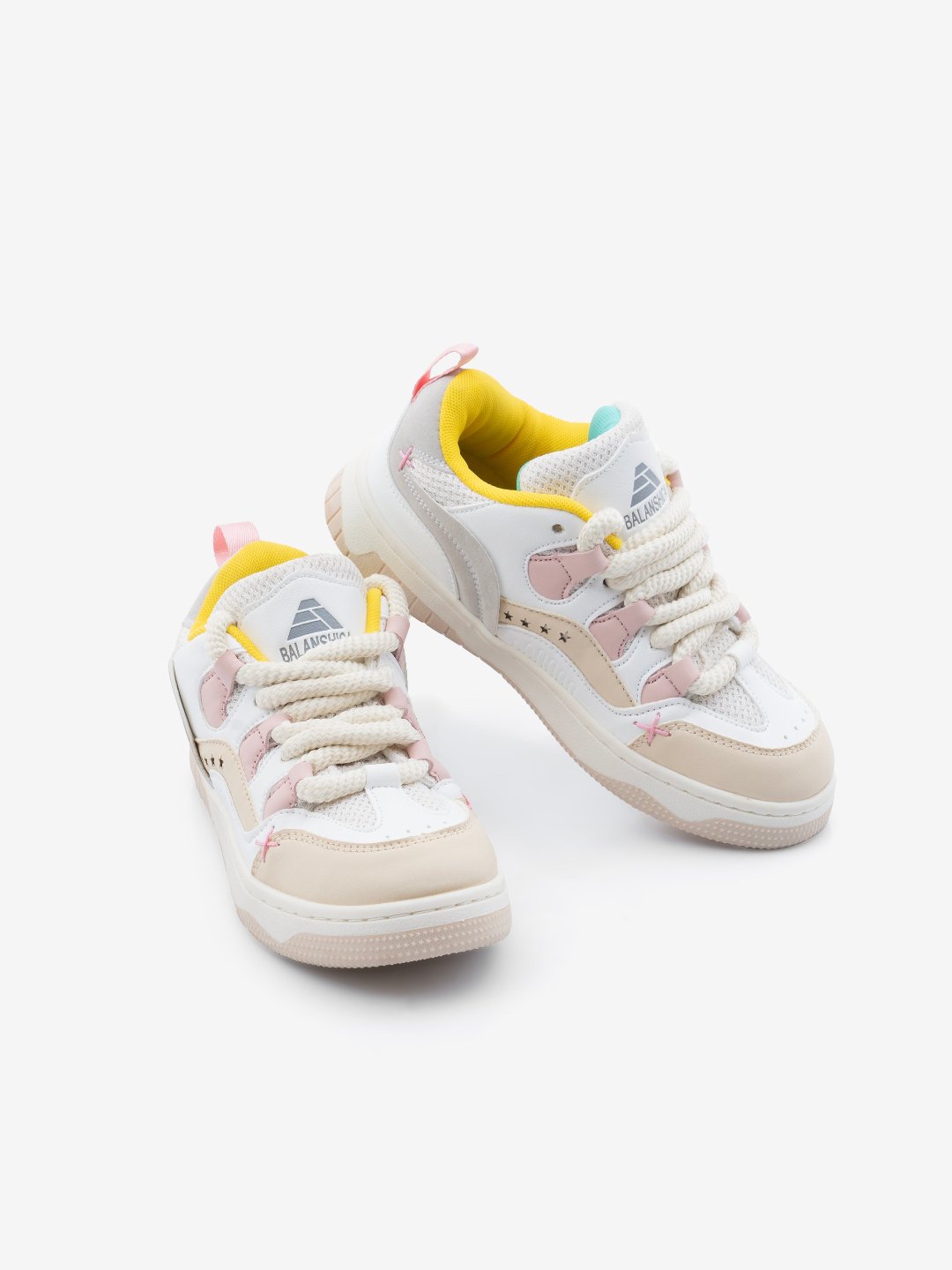 Balanshica Femme White & Pink Thick-Lace Flat Sole Sneakers