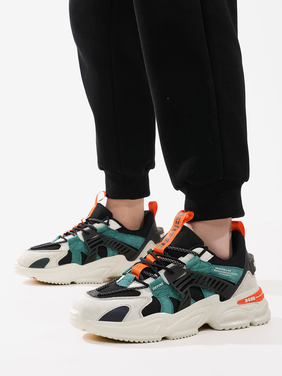 Model view Nickron Phantom A-500 Jungle Ember – Green Orange Trail Sneakers for Men