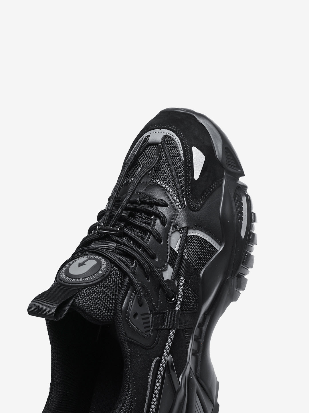 Front view close-up of Rocket Boost Black – Low top black fashion sneakers