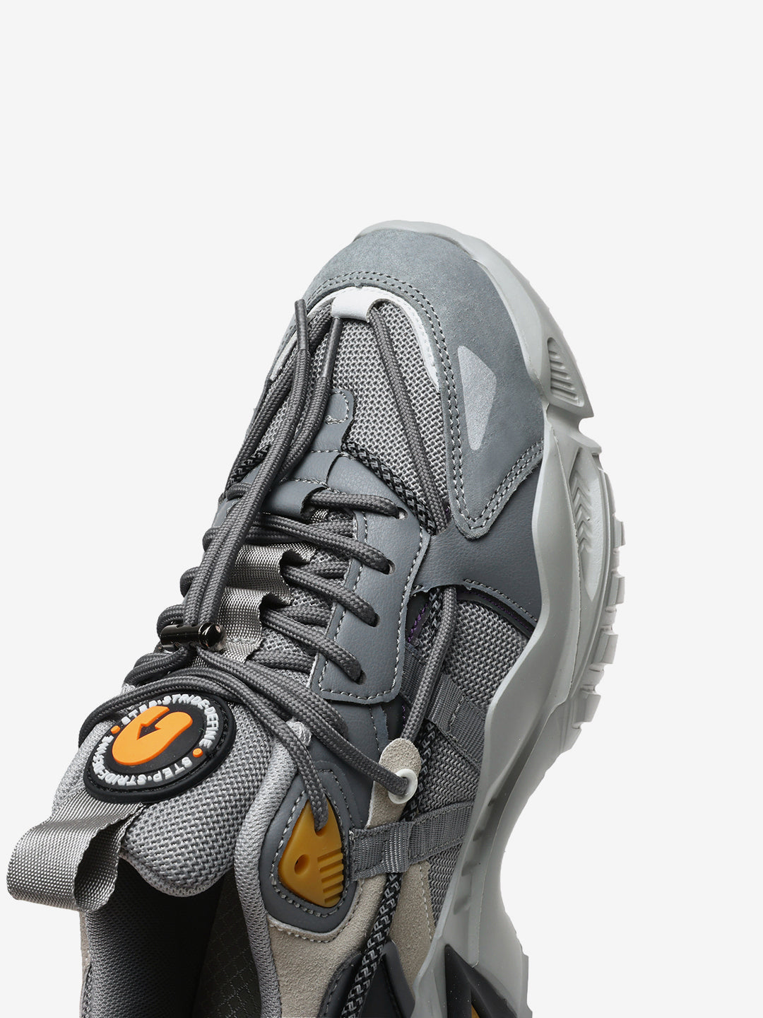 Close-up front view of grey Nickron Rocket Boost sneakers – Low top fashion sneakers