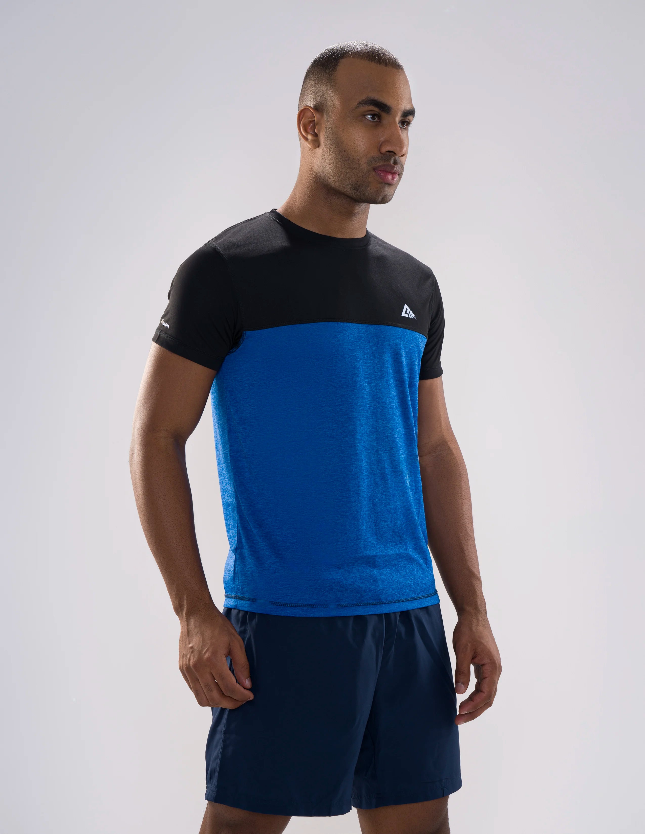 Nickron two-tone Half Sleeve T-Shirt in Black & Blue –  Left Angel Front View