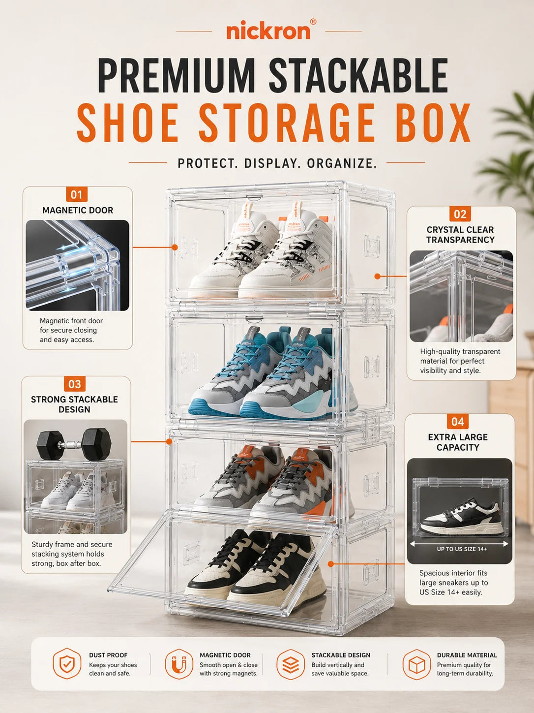 Nickron Transparent Shoe Storage Box | Stackable Sneaker Organizer | Dustproof Shoe Case | Foldable Plastic Shoe Box